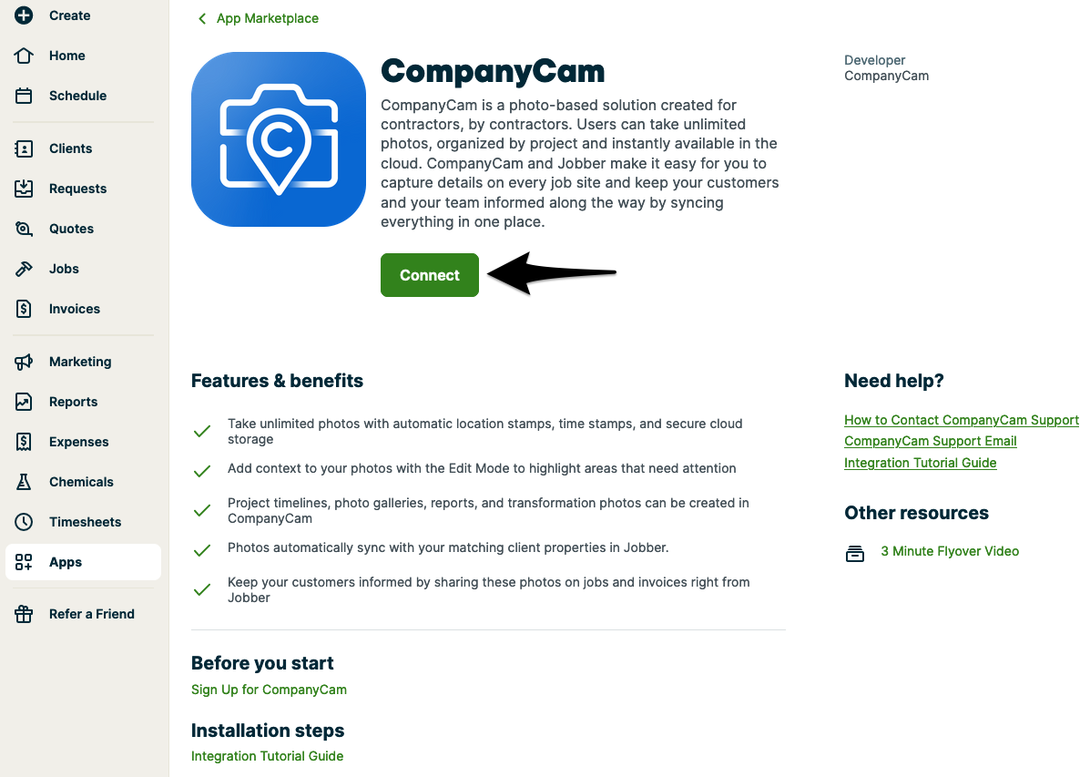 CompanyCam's App Marketplace page with an arrow pointing to the Connect button
