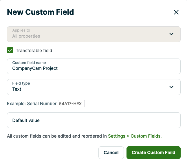 New transferable property custom field