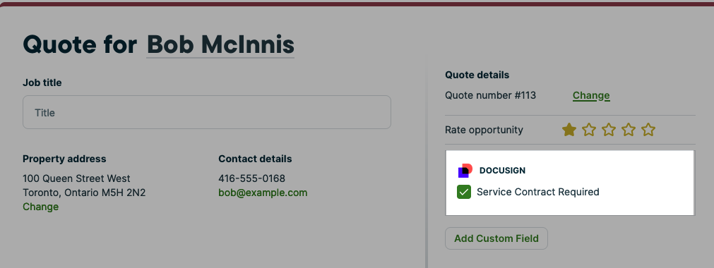 quote in edit mode with the docusign custom field highlighted