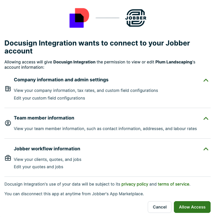 summary of permissions used by integration