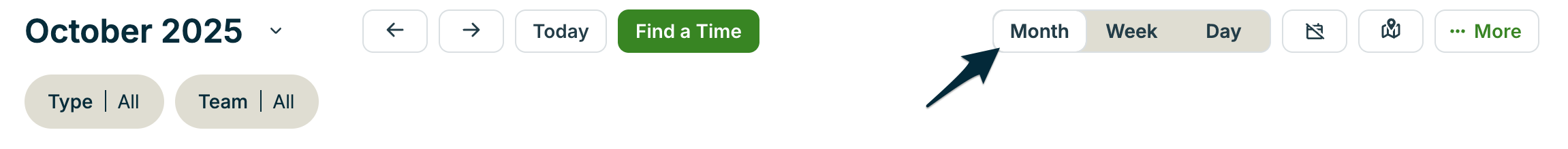 Buttons along the top of the month view of the calendar. There is an arrow pointing to the Month option form the schedule view selector.