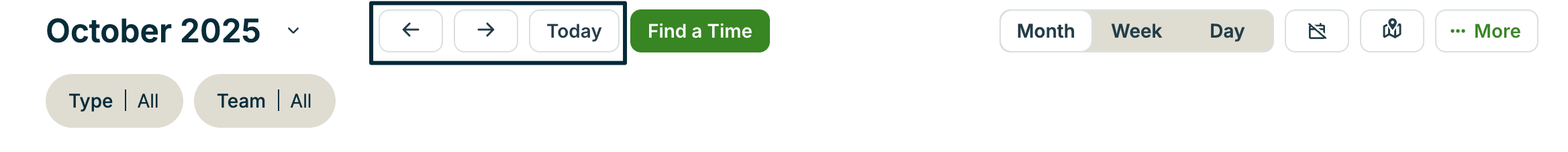Buttons along the top of the month view of the schedule. There is a box highlighting the navigation arrows and Today button.