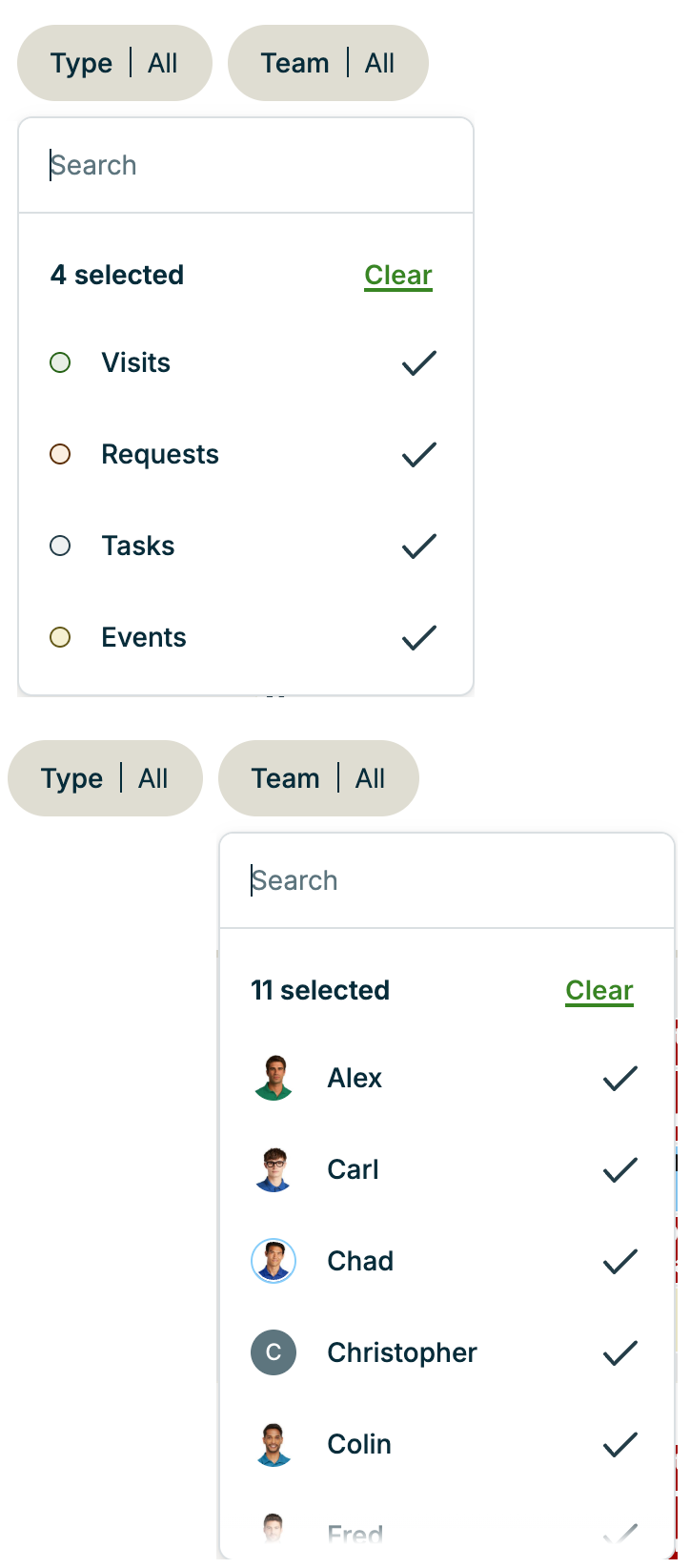 Filter selections for the Type filter and the Team filter