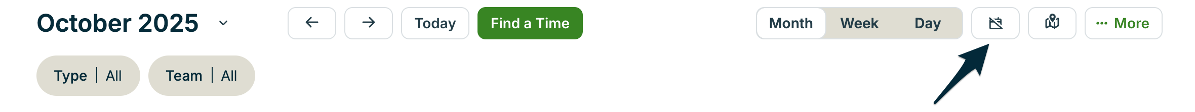 Buttons along the top of the month view of the schedule with an arrow pointing to the button for Unscheduled appointments.