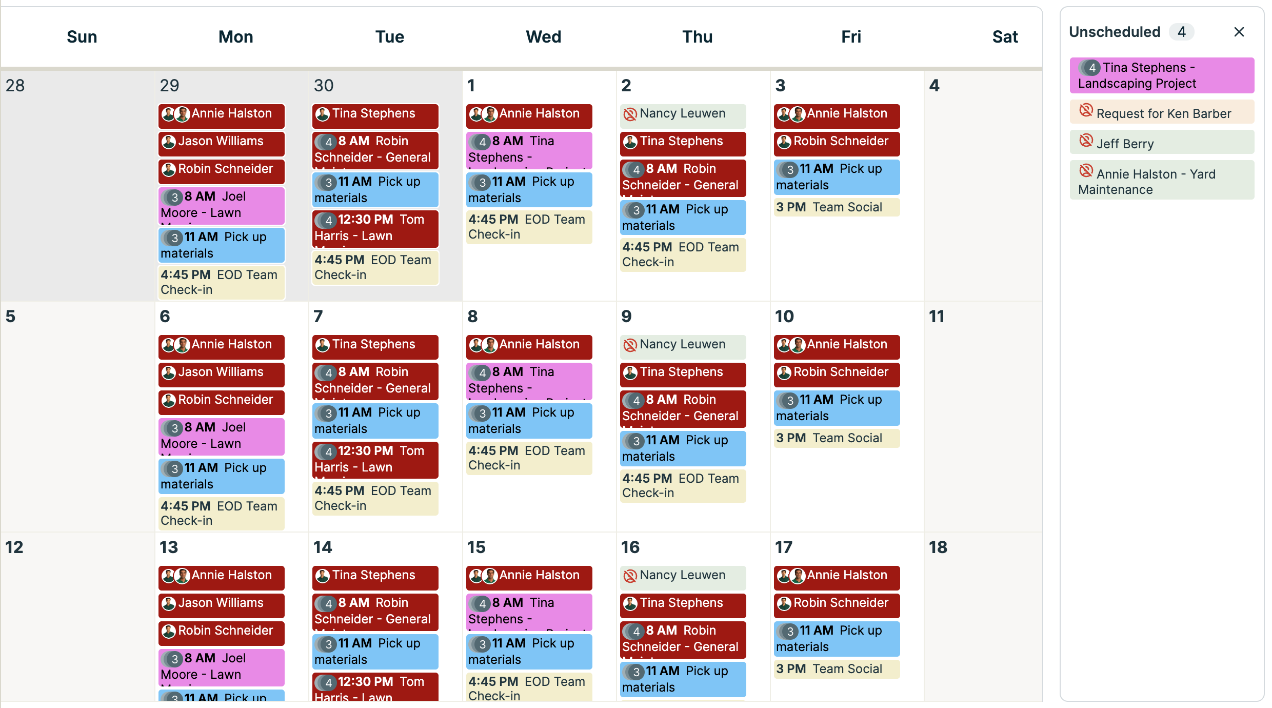 The month view of the schedule with the side panel for unscheduled visits visible.