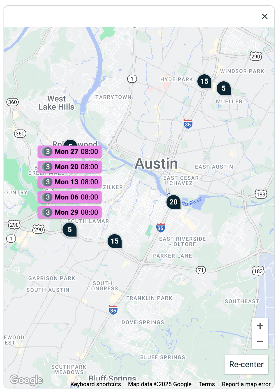 Map panel on the month view of the calendar. There a five visits at a location with their appointment dates listed.