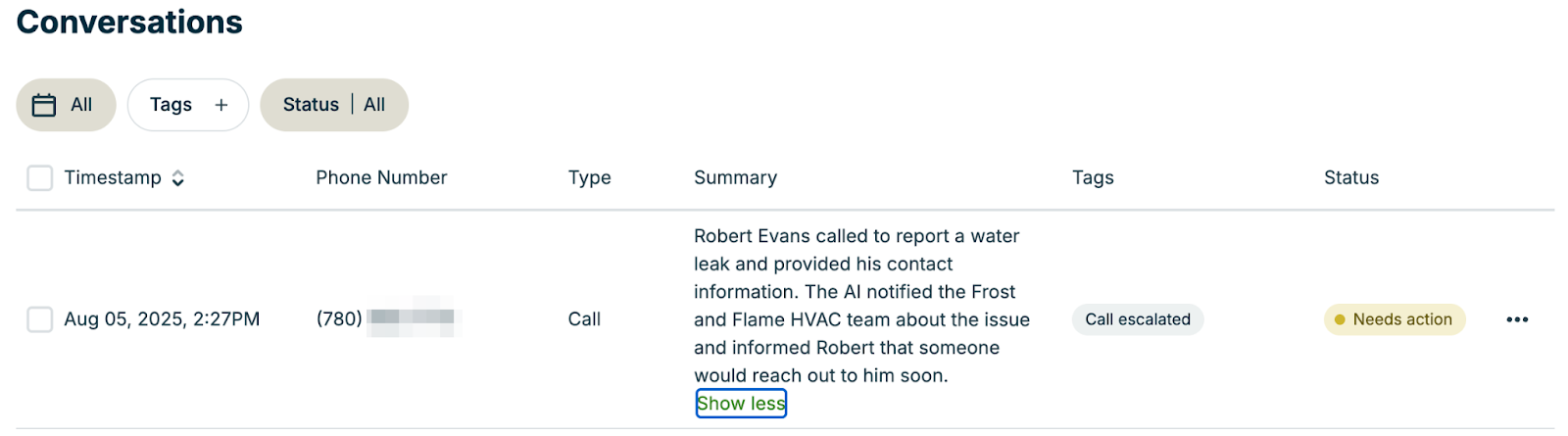 A screenshot showing the conversations list of escalations that have occurred.