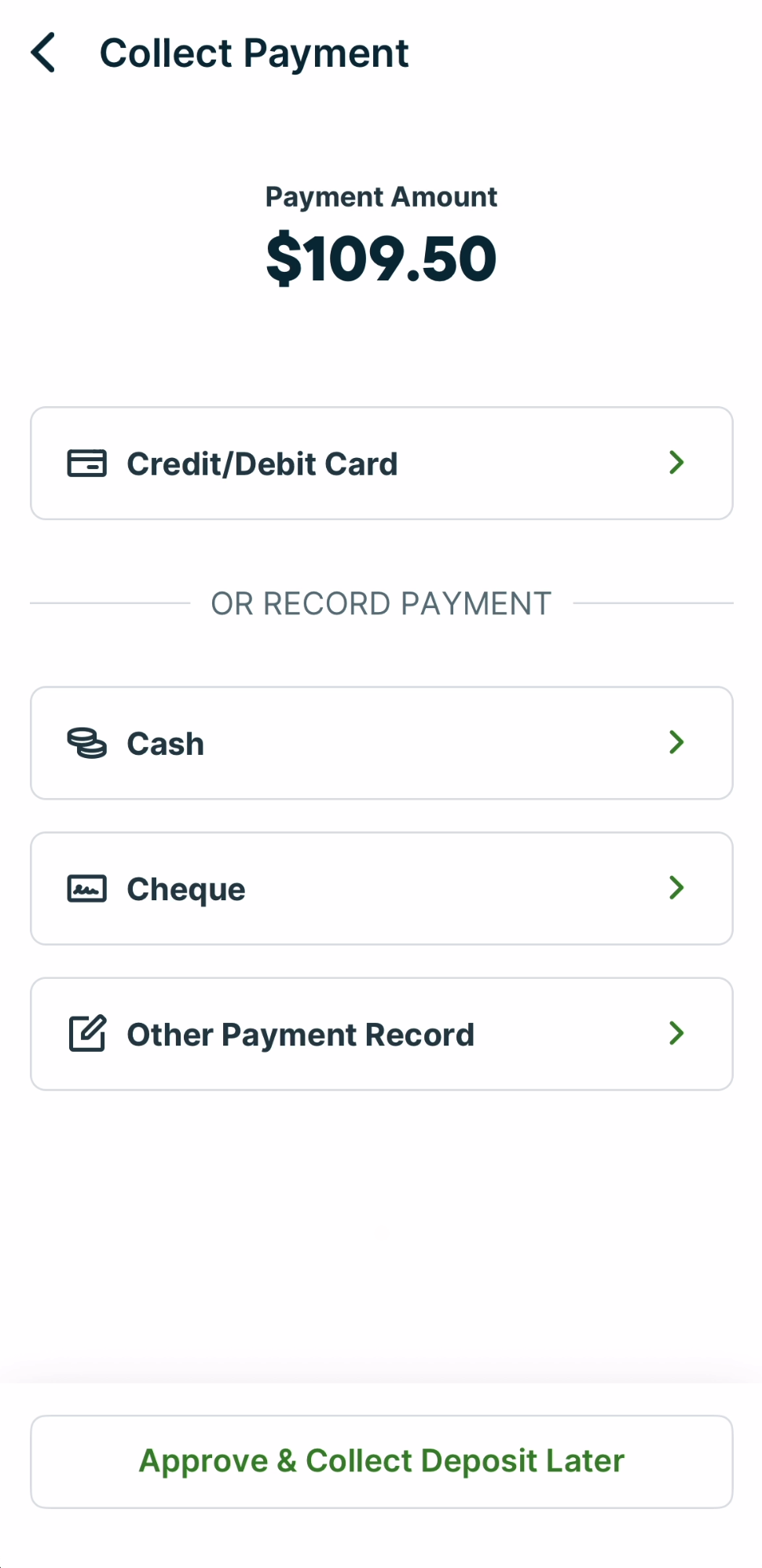 A screenshot showing the Collect Payment screen for quote deposits in the Jobber app.