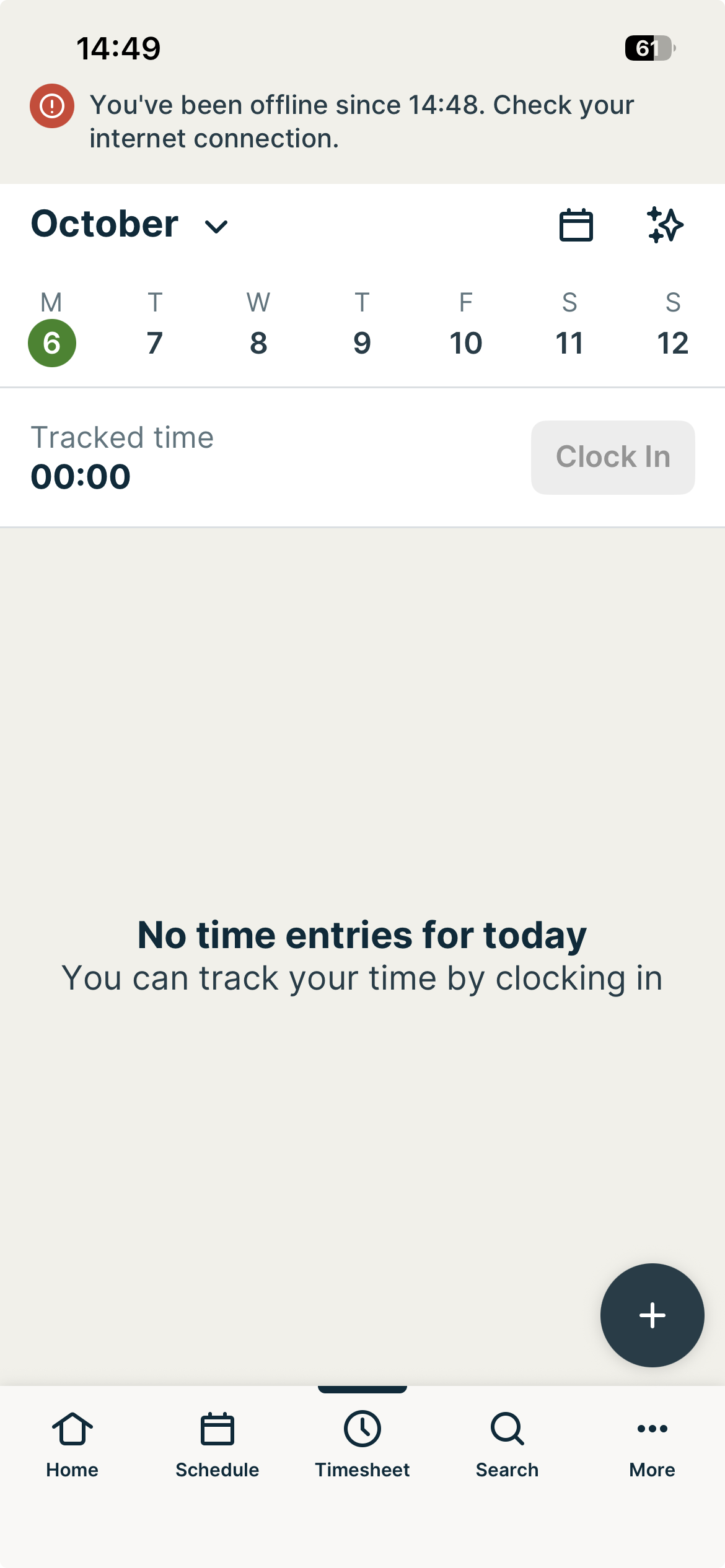 A screenshot from the Jobber app showing a message banner at the top that reads: "You've been offline since 14:48. Check you internet connection."