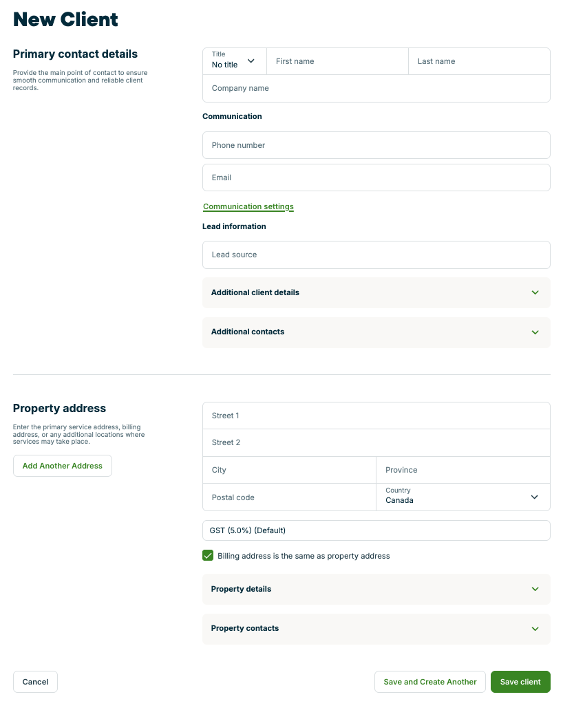 A screenshot showing the new client page. 