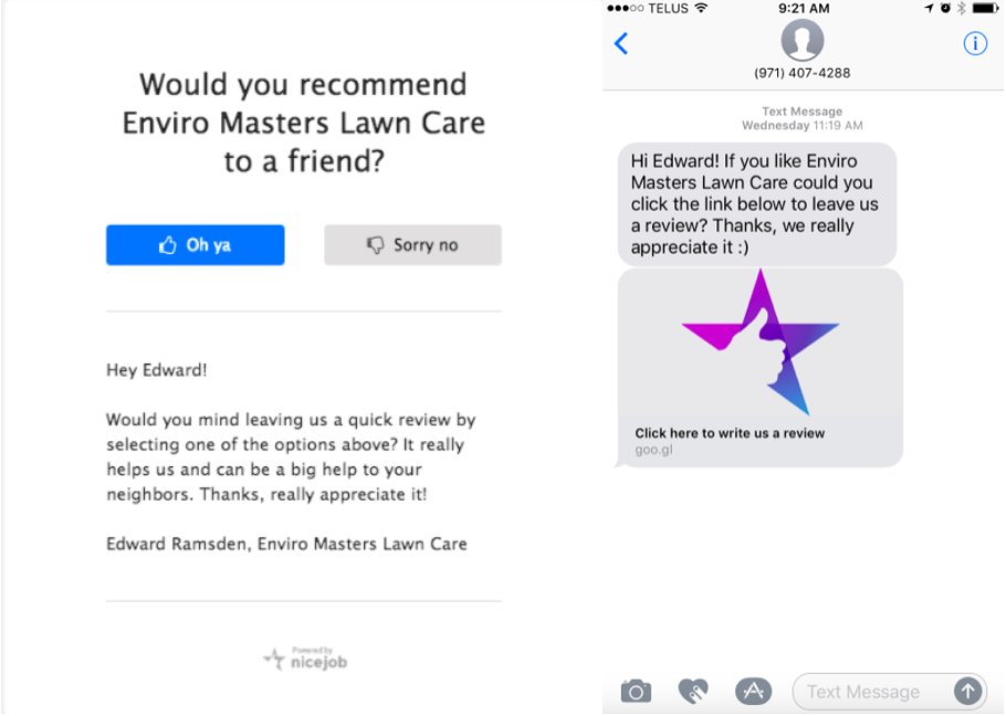two side by side images of an email and text message asking if you would recommend the service provider