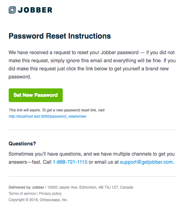 email for password reset instructions email with a button to Set New Password