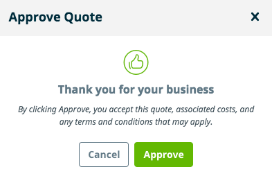 Approve quote screen with no signature. By approving this quote you accept any associated costs and terms and conditions