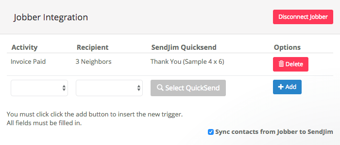Jobber integration screen in SendJim