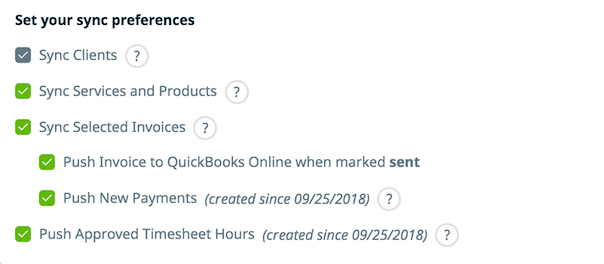 Checkboxes to select the items to be synced to QBO