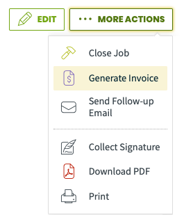 More actions menu with generate invoice highlighted