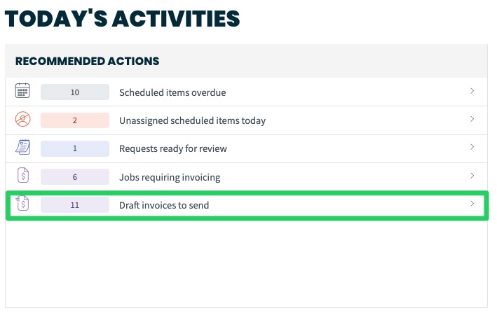 Today's activities from the dashboard with draft invoices to send highlighted