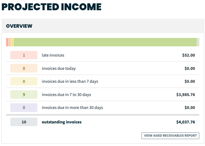 projected income report overview. There are filters for invoices in different statuses