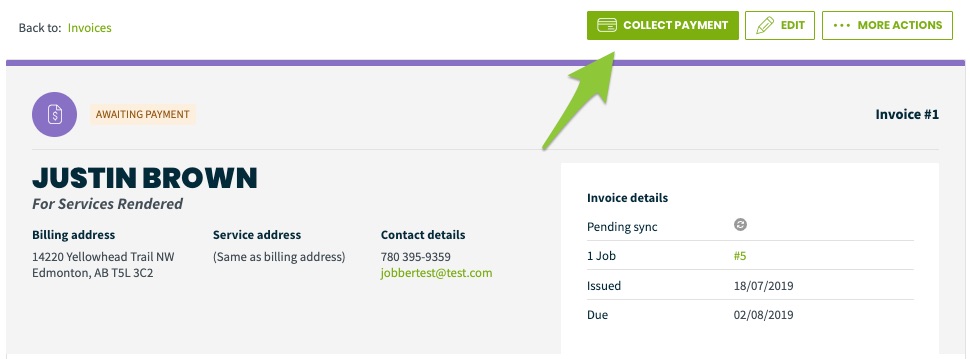 invoice with an arrow drawn to the button for collect payment