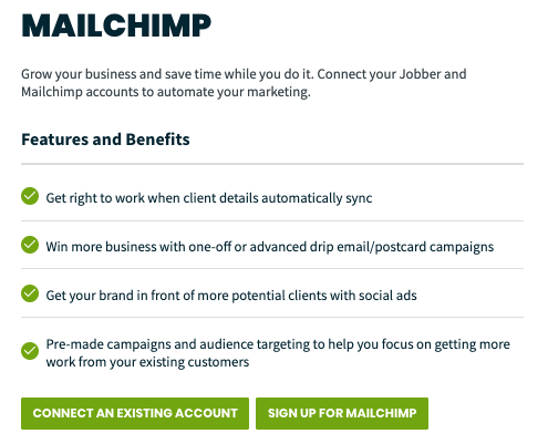 Mailchimp settings in Jobber. There are buttons to connect an existing Mailchimp account and to create a new account