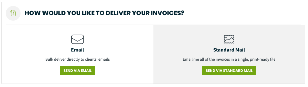 how would you like to deliver your invoices screen with options for email and standard mail