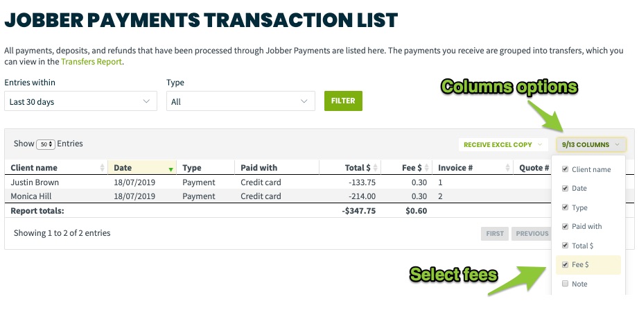 transactions report with arrows pointing to the columns button showing that the fees column is selected