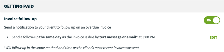 getting paid options with the toggle on for Invoice Follow-ups