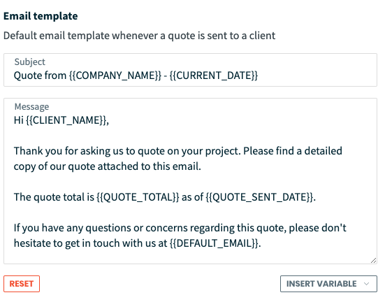 A screenshot of the email template with default copy and Jobber variables