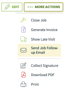 More actions menu with send Job Follow-up email highlighted