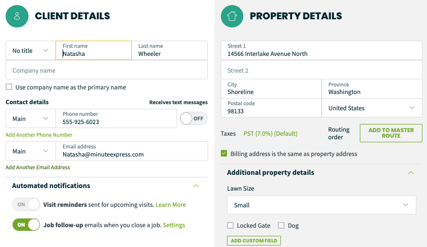 client details on the left and the property details on the right.