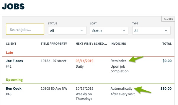 list of jobs from the jobs page where the invocing column shows if this job is invoicing automatically or with an invoice reminder