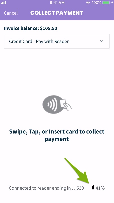 collect payment screen from the app with an arrow pointing to the pattery percentage