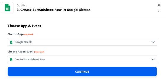 Setup screen in Zapier with fields to chose an app and trigger event. Google Sheets and create spreadsheet row are selected.