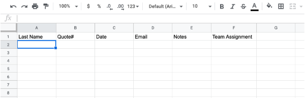 spreadsheet in Google sheets with headings that match fields on quotes