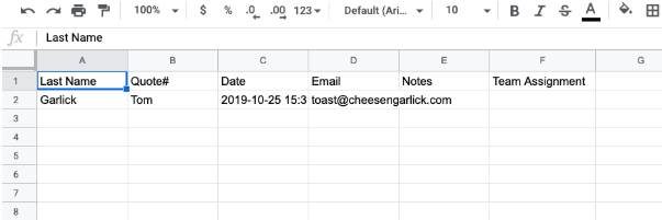 new row in the Google spreadsheet showing information populated that was triggered by a new quote being created