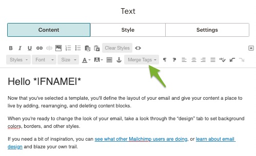 campaign edit screen in Mailchimp with an arrow pointing to the icon for merge tags
