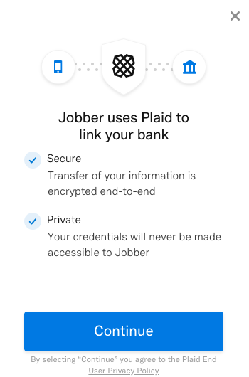 pop-up screen that says Jobber uses Plaid to link your bank with a button to continue