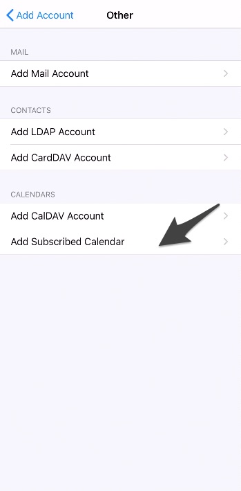 Other options with an arrow pointing to Add subscribed calendar