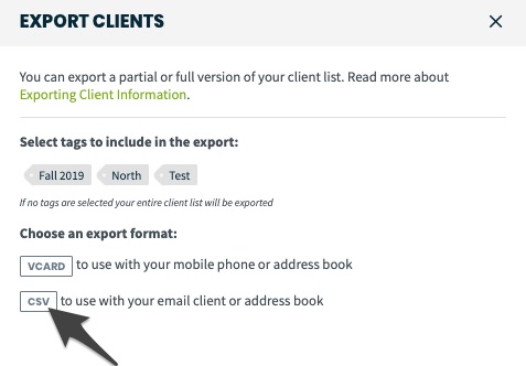 export clients options with an arrow pointing to the CSV export option