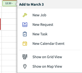 time slot selected with options to create a new job, request, task, or calendar event at this time