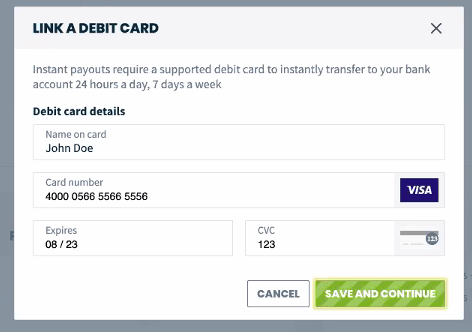 Link a debit card fields for card name, number, expiry, and CVC