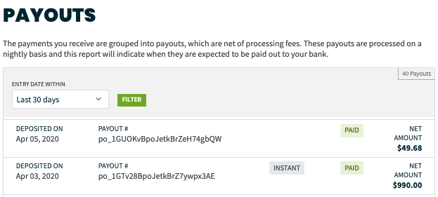 payouts report showing a list of payouts