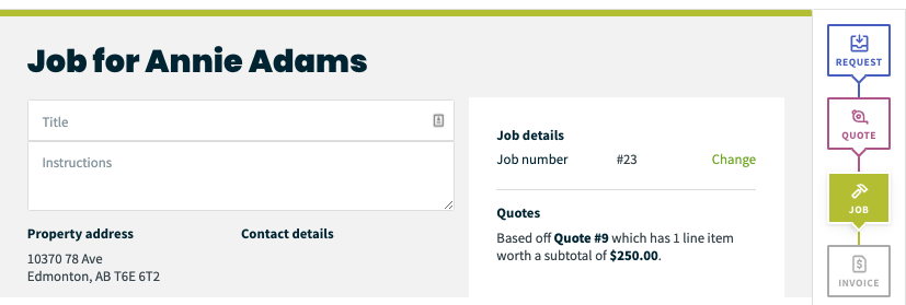 client creation screen with a progress bar showing it was generated from a request, then a quote, and now a job.