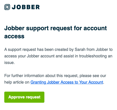 Email with the heading Jobber support request for account access