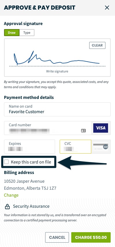 signature pad and fields to fill out credit card details
