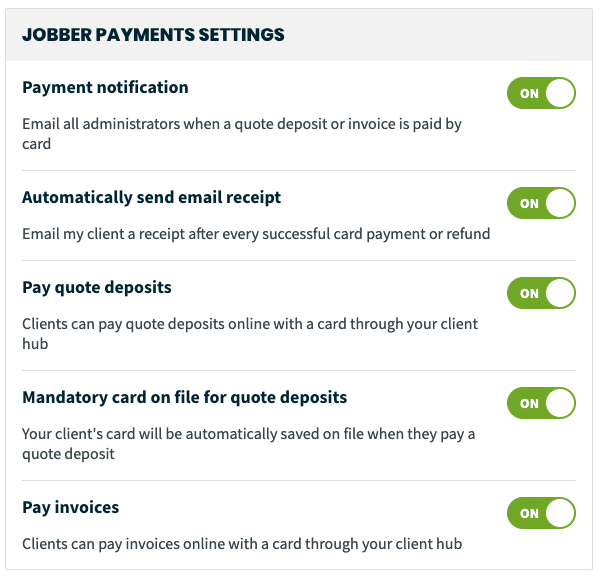 Jobber Payments settings toggles