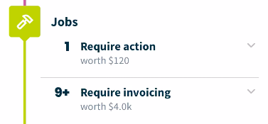 Jobs section showing the number and dollar amount of jobs that require action and require invoicing.