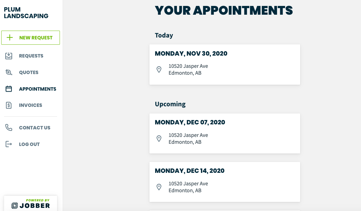 upcoming appointments in client hub