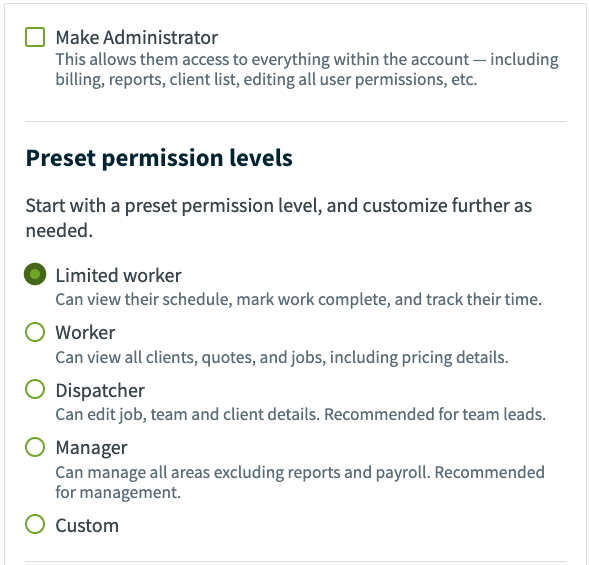 preset permission levels and an option for custom