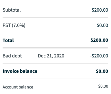invoice subtotal, total, amount that's been marked as bad debt, and invoice balance of $0.00
